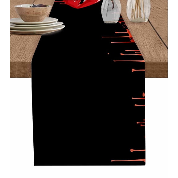 Halloween Table Runner 36 Inches, Horror Funny Black Blood Lips Driping Bed Runner Dresser Scarves Tabletop for Indoor Outdoor Parties/Ceremony/Banquet, 13"x 36"