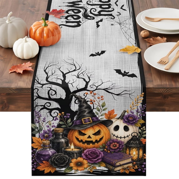 Halloween Table Runner - 48 Inch Long Fall Pumpkins Spooky Horror Bats Flowers Country Cotton and Linen Blended Dress Scarves Farmhouse Table Runner for Kitchen Dining, Coffee Table, 13" x 48"