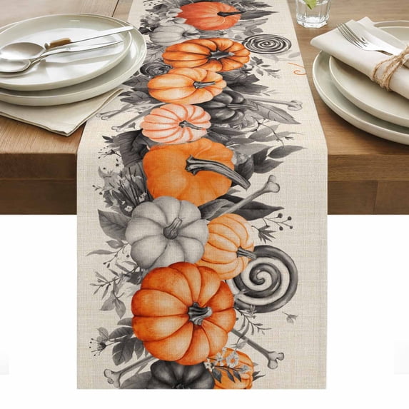 Halloween Table Runner - 48 Inch Long, Kitchen Dining Table Runner Dresser Scarves, Watercolor Country Orange Grey Pumpkin Skull Farmhouse Decor for Coffee Tables Wedding Party Banquet