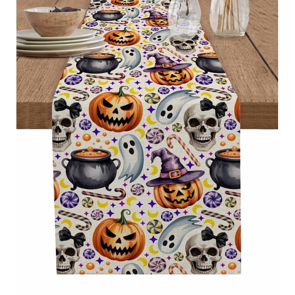 Halloween Table Runner 48 Inches, Cute Ghost Candy Pumpkin Stars Skeleton Bed Runner Dresser Scarves Tabletop for Indoor Outdoor Parties/Ceremony/Banquet, 13" x 48"