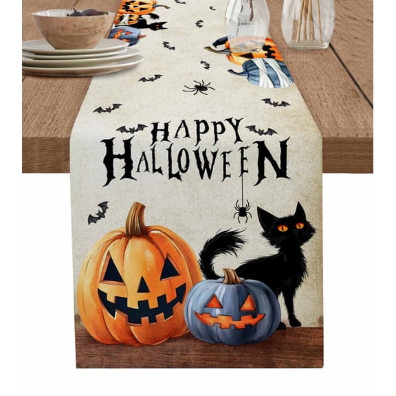 Halloween Table Runner 48 Inches, Vintage Spooky Pumpkins Horror Bat Black Cat Bed Runner Dresser Scarves Tabletop for Indoor Outdoor Parties/Ceremony/Banquet, 13" x 48"