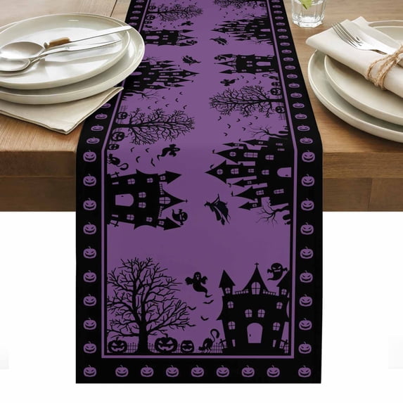 Halloween Table Runner - 60 Inch Long, Kitchen Dining Table Runner Dresser Scarves, Purple Pumpkins Halloween Witch Bat Castle Farmhouse Decor for Coffee Tables Wedding Party Banquet