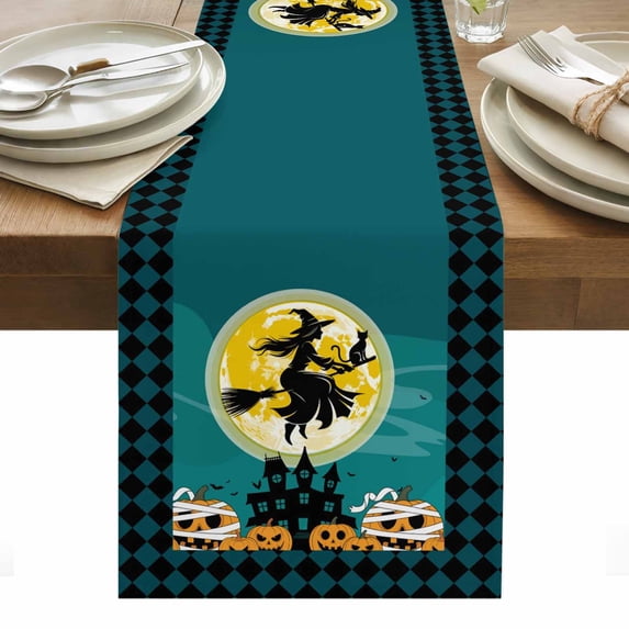 Halloween Table Runner - 60 Inch Long, Kitchen Dining Table Runner Dresser Scarves, Riding Black Witch Cat Green Plaid Pumpkin Farmhouse Decor for Coffee Tables Wedding Party Banquet