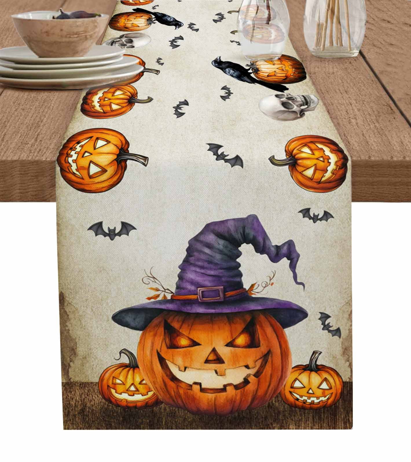 Halloween Table Runner 60 Inches, Orange Fall Pumpkin Witch Hat Bat ...