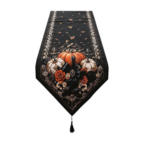 Halloween Table Runner,70.87x14.96 Inch Black Pumpkin Pattern Dining Table Decor with Tassel Pendant,Holiday Dining Table Centerpiece Decor