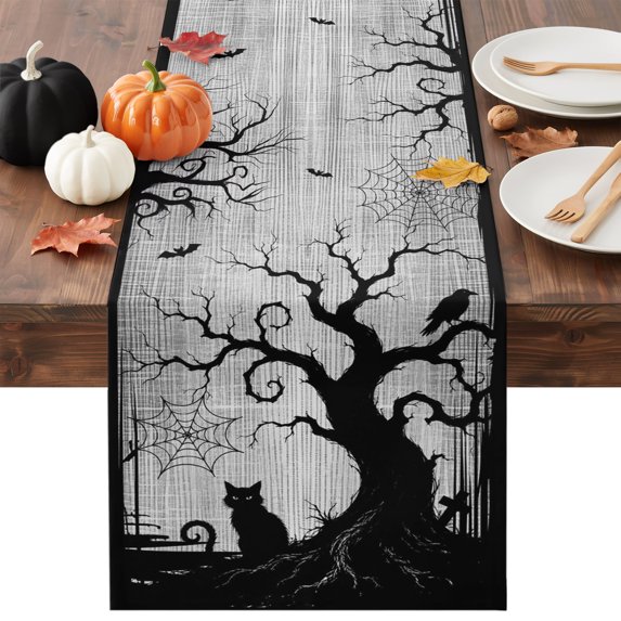 Halloween Table Runner - 70 Inch Long Black Spooky Branches Bats Cats Fall Country Gray Cotton and Linen Blended Dress Scarves Farmhouse Table Runner for Kitchen Dining, Coffee Table, 13" x 70"
