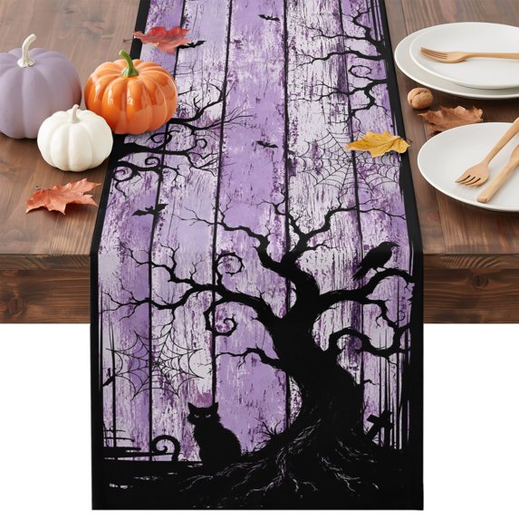 Halloween Table Runner - 70 Inch Long Black Spooky Trees Bats Cats Rustic Wood Purple Cotton and Linen Blended Dress Scarves Farmhouse Table Runner for Kitchen Dining, Coffee Table, 13" x 70"