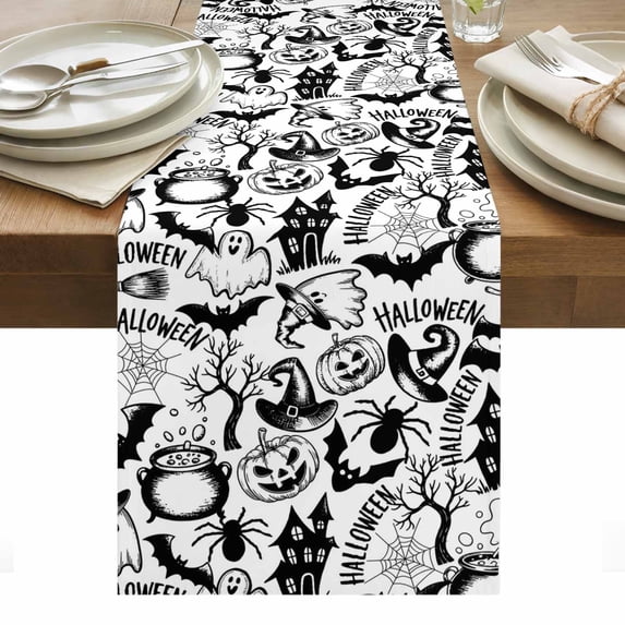 Halloween Table Runner - 72 Inch Long, Kitchen Dining Table Runner Dresser Scarves, Cartoon Black Spooky Pumpkin Ghost Cobweb Farmhouse Decor for Coffee Tables Wedding Party Banquet