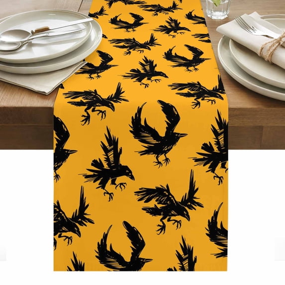 Halloween Table Runner - 72 Inch Long, Kitchen Dining Table Runner Dresser Scarves, Orange Farmhouse Crow Spooky Black Birds Farmhouse Decor for Coffee Tables Wedding Party Banquet