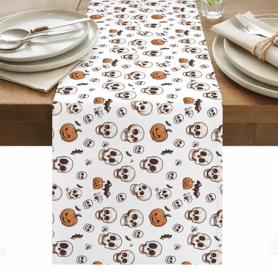 Halloween Table Runner - 72 Inch Long, Kitchen Dining Table Runner Dresser Scarves, White Horror Skull Pumpkins Bats Farmhouse Decor for Coffee Tables Wedding Party Banquet