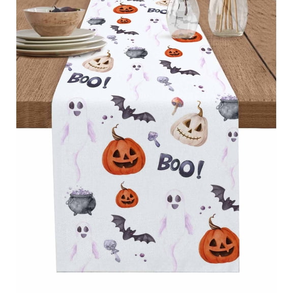 Halloween Table Runner 72 Inches, Bat Pumpkin Ghost Candy Fall Seasonal Bed Runner Dresser Scarves Tabletop for Indoor Outdoor Parties/Ceremony/Banquet, 16" x 72"