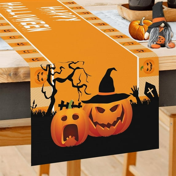 Halloween Table Runner 72 Inches Long Pumpkin Orange Black Buffalo Plaid Check Table Runner for Kitchen Dining Coffee Indoor Outdoor Home Party Decor