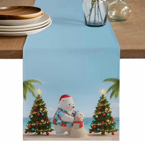 Coastal Christmas Table Runner 72 Inches, Beach Winter Bears Xmas Tree Holiday Bed Runner Dresser Scarves Tabletop for Indoor Outdoor Parties/Ceremony/Banquet, 14" x 72"