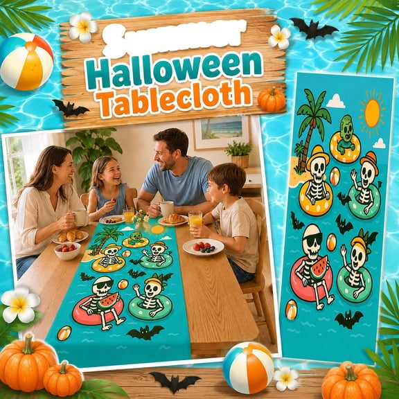 Halloween Table Runner 79X13 In, Halloween Skeleton Decorations, Beach Party Decorations, Tropical Party Decorations, Featuring Playful Skeleton Float Designs, Zombie Swimmer