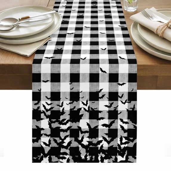 Halloween Table Runner - 90 Inch Long, Kitchen Dining Table Runner Dresser Scarves, Black White Plaid Horror Bat Spooky Halloween Farmhouse Decor for Coffee Tables Wedding Party Banquet