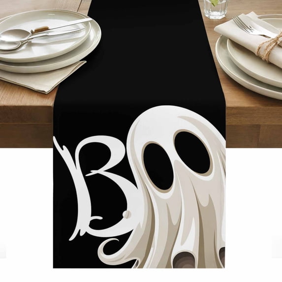 Halloween Table Runner - 90 Inch Long, Kitchen Dining Table Runner Dresser Scarves, Cartoon Funny Error Ghost Black Farmhouse Decor for Coffee Tables Wedding Party Banquet