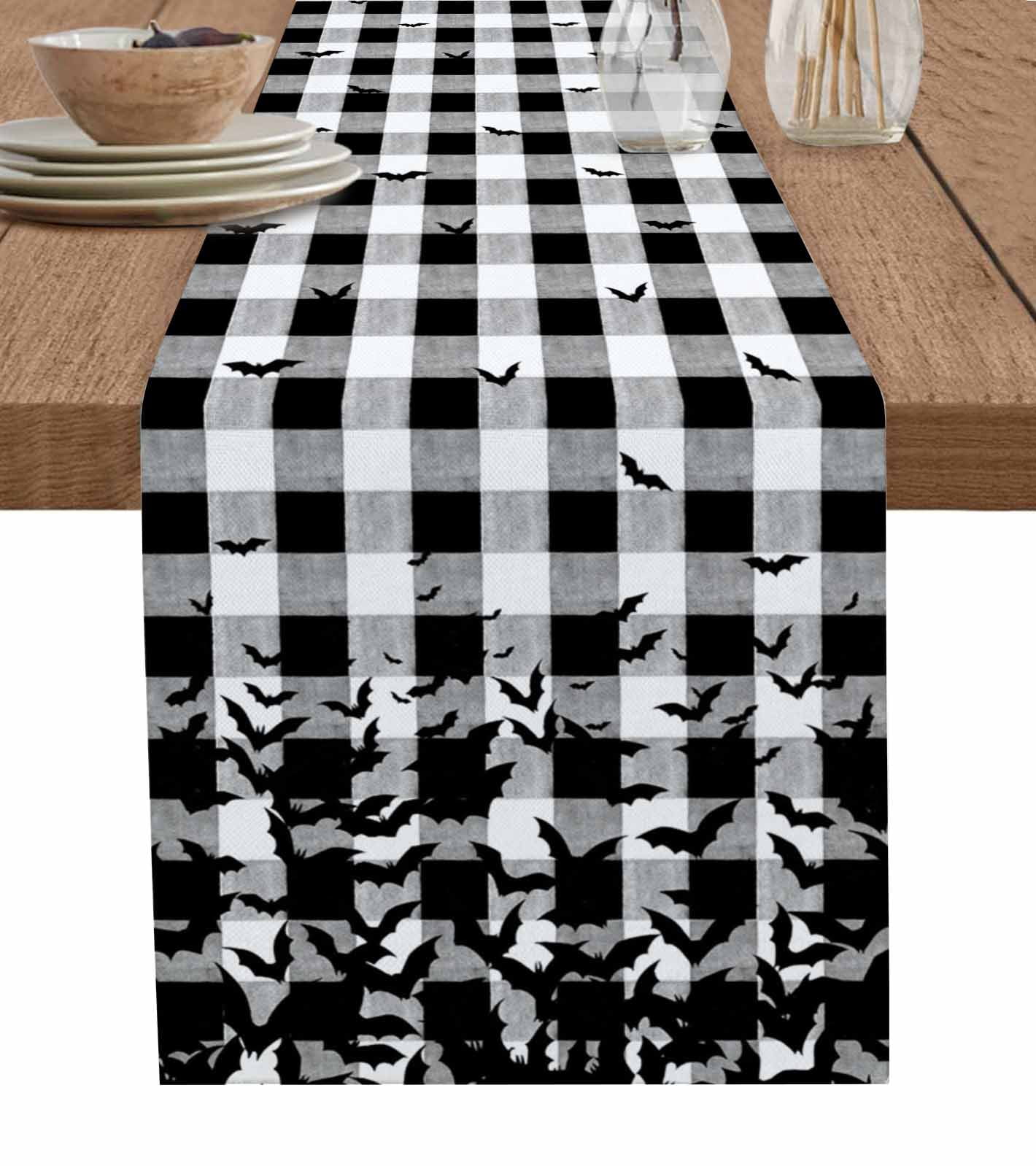 Halloween Table Runner 90 Inches, Black White Plaid Horror Bat Spooky ...