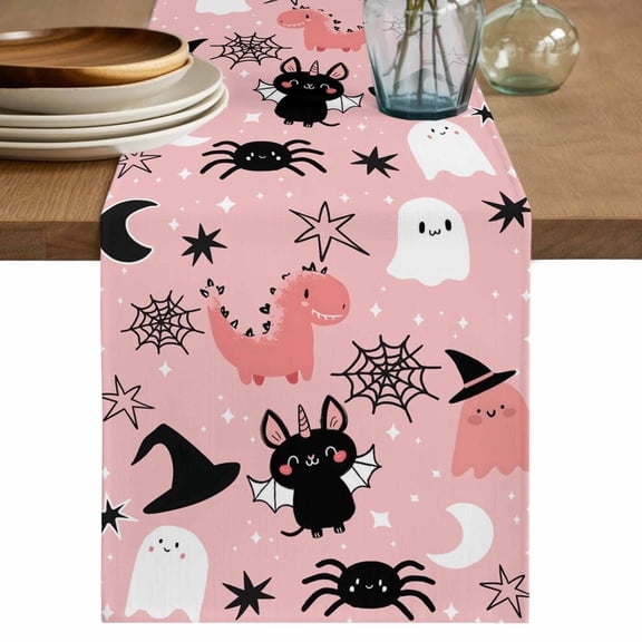 Halloween Table Runner 90 Inches, Cute Cartoon Ghosts Black Bat Moon Star Pink Bed Runner Dresser Scarves Tabletop for Indoor Outdoor Parties/Ceremony/Banquet, 13" x 90"