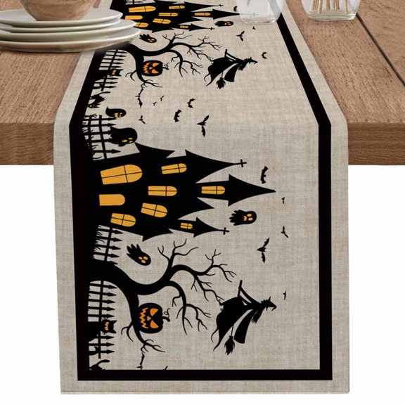 Halloween Table Runner 90 Inches Long for Dining Table Decor, Black Pumpkin Ghost Castle Witch Burlap Linen Farmhouse Table Runner Coffee Table Runners Dresser Scarf for Kitchen Party Holiday