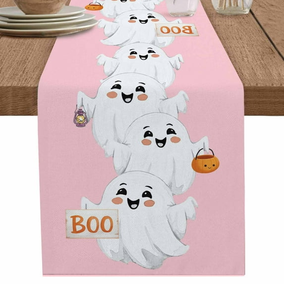 Halloween Table Runner 90 Inches Long for Dining Table Decor, Cartoon Cute Ghost Fall Pumpkins Burlap Linen Farmhouse Table Runner Coffee Table Runners Dresser Scarf for Kitchen Party Holiday