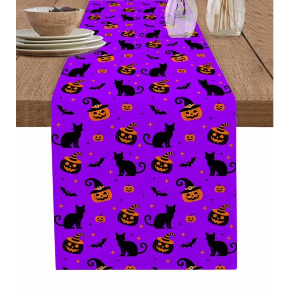 Halloween Table Runner 90 Inches, Purple Black Ghost Pumpkin Bat Stars Cat Bed Runner Dresser Scarves Tabletop for Indoor Outdoor Parties/Ceremony/Banquet, 13" x 90"