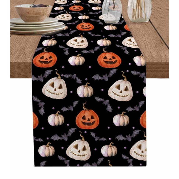 Halloween Table Runner 90 Inches, Spooky Pumpkins Horror Bat Black Orange Bed Runner Dresser Scarves Tabletop for Indoor Outdoor Parties/Ceremony/Banquet, 13" x 90"