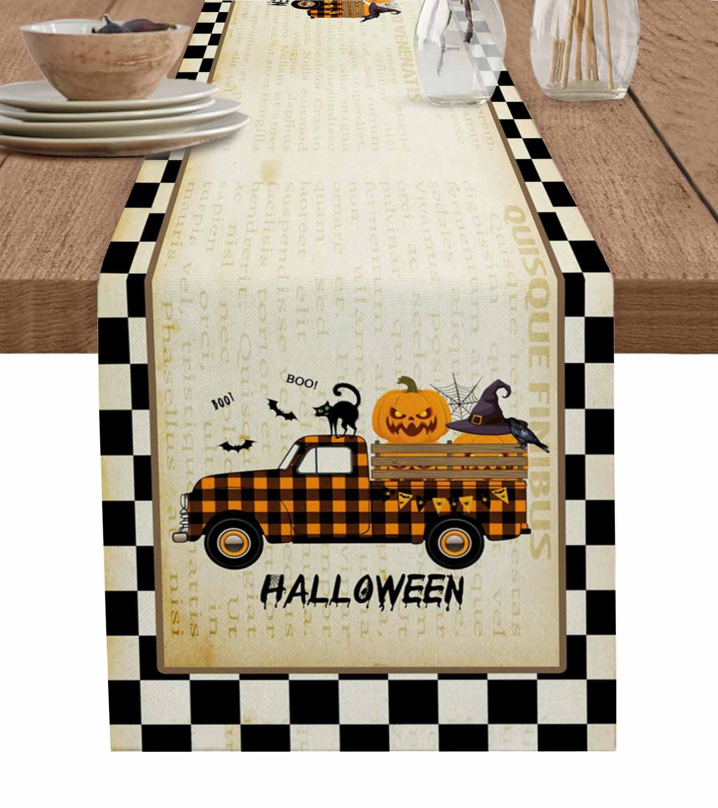 Halloween Table Runner 90 Inches, Vintage Pumpkins Truck Black Cat Bat ...