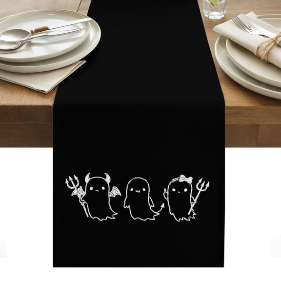 Halloween Table Runner, Black Cartoon Line Spooky Devil Ghosts Minimalist Washable Kitchen Table Runners Dress Scarves for Dining Table Decorations Party/Restaurant/Indoor Outdoor Use, 13x36in