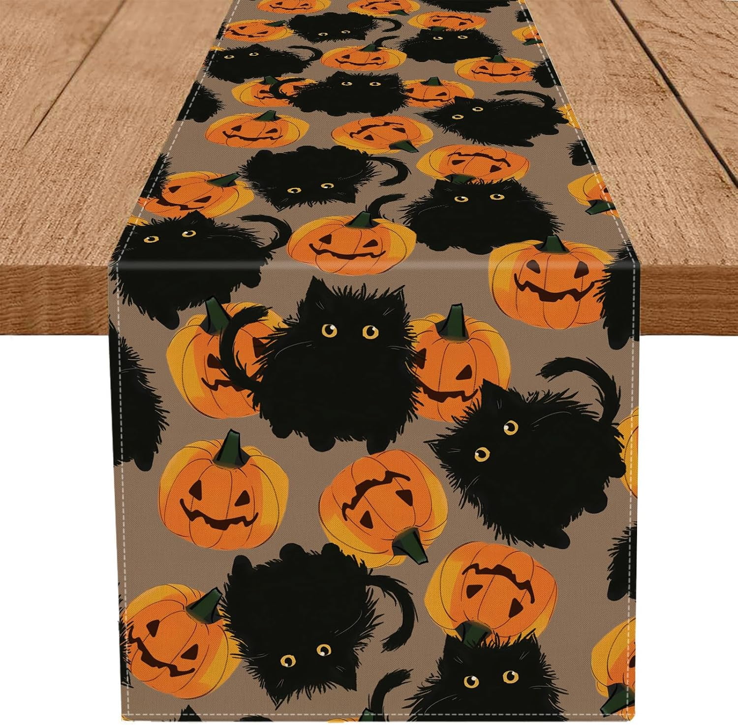 Halloween Table Runner Black Cat Pumpkins Kitchen Dining Table Cloth ...