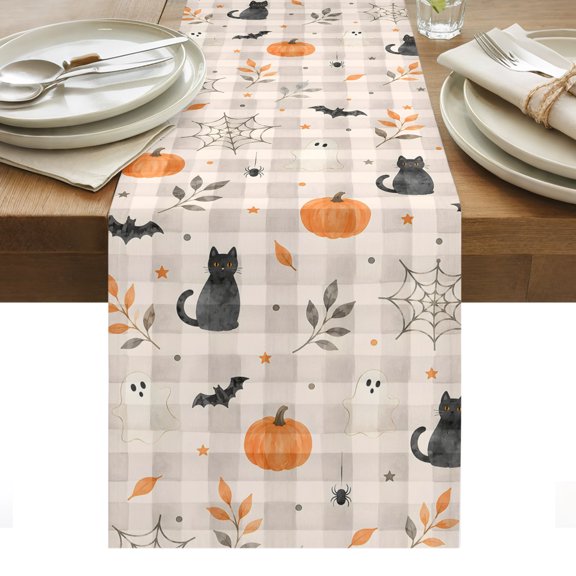 Halloween Table Runner, Black Cats Pumpkins Spiderwebs Ghost Buffalo Plaid Washable Kitchen Table Runners Dress Scarves for Dining Table Decorations Party/Restaurant/Indoor Outdoor Use, 14x72in