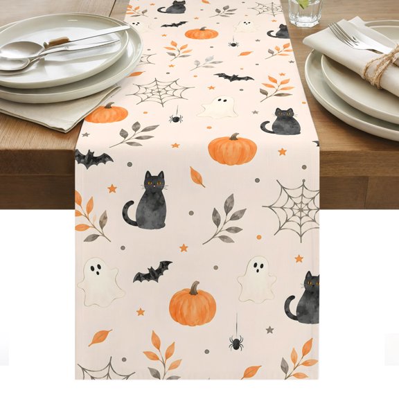 Halloween Table Runner, Black Cats Pumpkins Spiderwebs Ghost Silhouettes Washable Kitchen Table Runners Dress Scarves for Dining Table Decorations Party/Restaurant/Indoor Outdoor Use, 13x60in