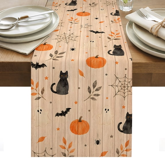 Halloween Table Runner, Black Cats Pumpkins Spiderwebs Ghost Wood Grain Washable Kitchen Table Runners Dress Scarves for Dining Table Decorations Party/Restaurant/Indoor Outdoor Use, 13x70in