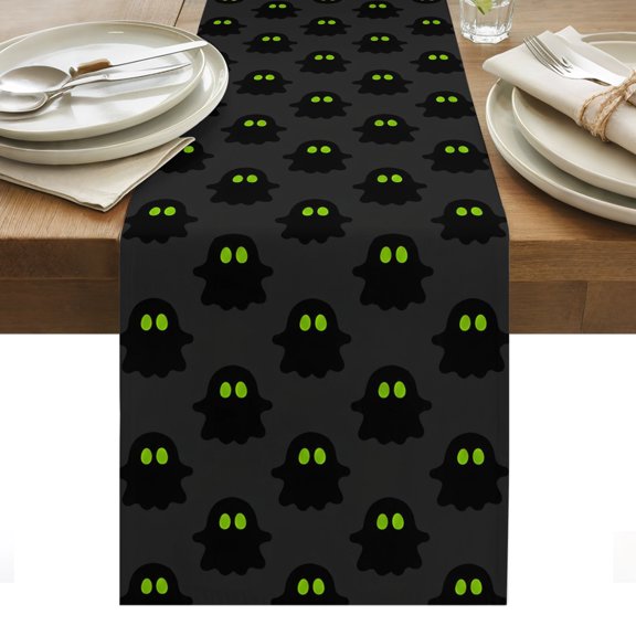 Halloween Table Runner, Black Floating Spooky Ghosts Green Eyes Minimalist Washable Kitchen Table Runners Dress Scarves for Dining Table Decorations Party/Restaurant/Indoor Outdoor Use, 13x36in