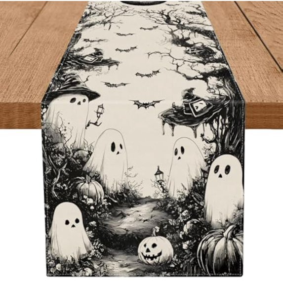 Halloween Table Runner Black Ghost Holiday Burlap Table Decoration Indoor Outdoor Home Decor Party Supply 13 x 72 Inch