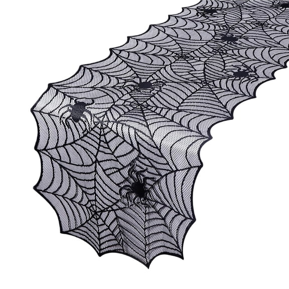 Halloween Table Runner, Black Lace Spider Web Design Decorative Table Banner – Spooky Polyester Dinner Table Cover for Party, Dining, Restaurant, Holiday Festive Home Decor, 64"x18"