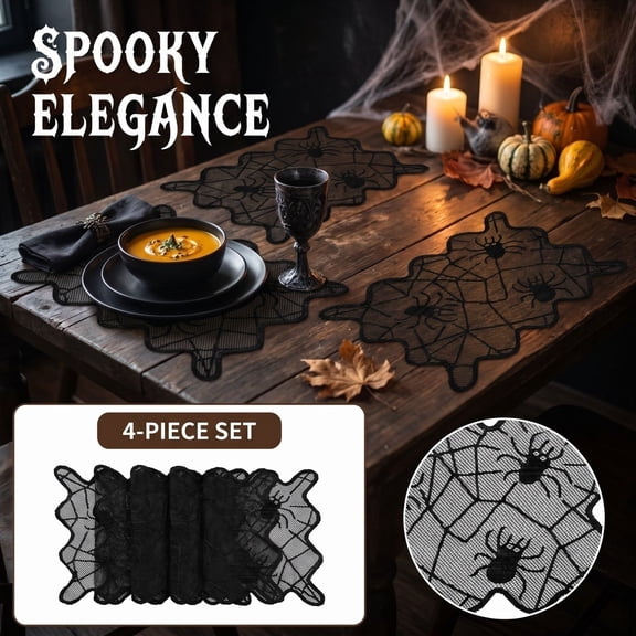 Halloween Table Runner Black Lace Spider Web Table Runner Placemats Netting Backdrop Halloween Decorations Indoor Desk Kitchen Decor Toppe 4 Placemats 12"x18" Spiderweb