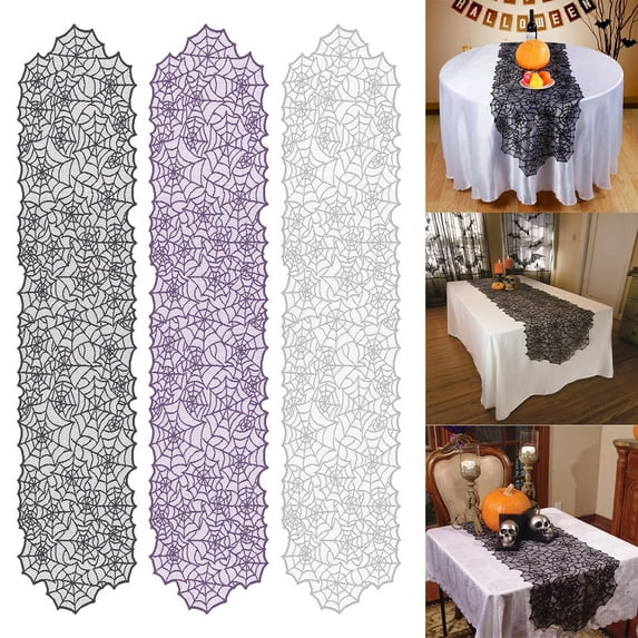 Halloween Table Runner, Black Lace Spider Web Table Runner for Halloween Masquerade Scary Movie Nights, 13x72 Inch