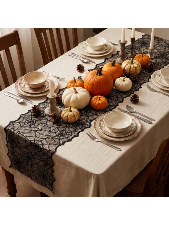 Halloween Table Runner, Black Lace Spider Web Table Runners for Halloween Decor/Party Dinner Table Decoration 18 x 72Inch
