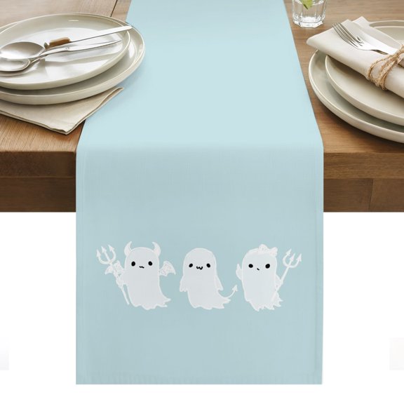 Halloween Table Runner, Blue Cartoon Line Spooky Devil Ghosts Minimalist Washable Kitchen Table Runners Dress Scarves for Dining Table Decorations Party/Restaurant/Indoor Outdoor Use, 13x60in