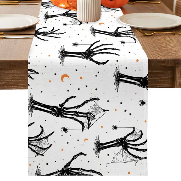 Halloween Table Runner, Creepy Minimalist Skeletons Zombie Hands Cobweb Moon Cotton Linen Table Cloth, Tablerunner for Kitchen Dining Party Wedding Home Decor 13x36 Inch