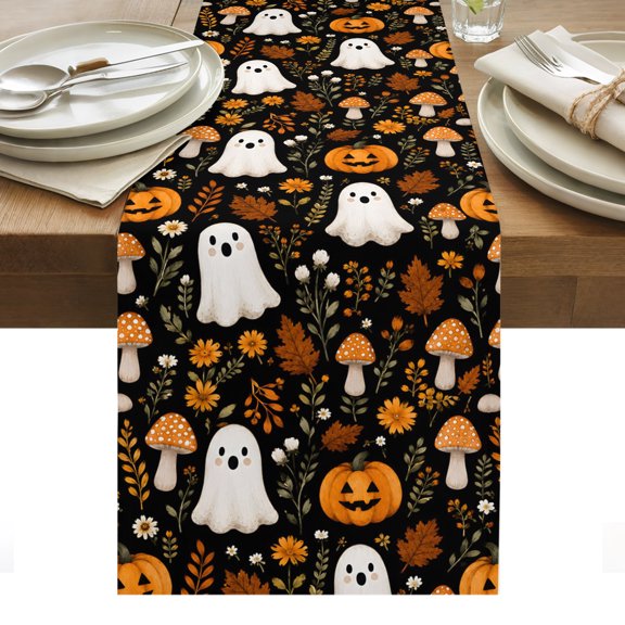 Halloween Table Runner, Cute Ghosts Fall Pumpkins Maple Leaf Mushrooms Black Washable Kitchen Table Runners Dress Scarves for Dining Table Decorations Party/Restaurant/Indoor Outdoor Use, 13x36in