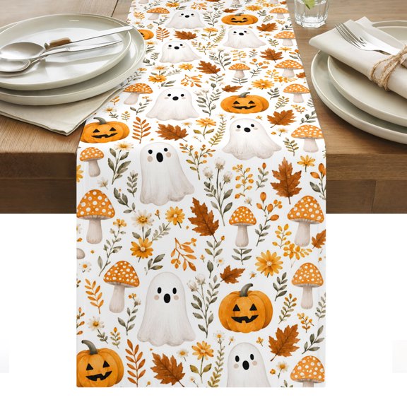 Halloween Table Runner, Cute Ghosts Fall Pumpkins Maple Leaf Mushrooms Floral Washable Kitchen Table Runners Dress Scarves for Dining Table Decorations Party/Restaurant/Indoor Outdoor Use, 13x36in