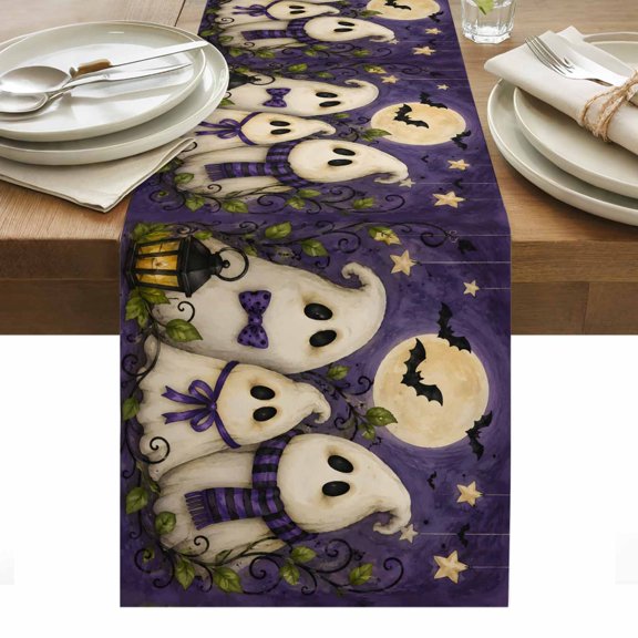 Halloween Table Runner, Cute Playful Trio of Ghosts Vintage Lanterns Full Moon Washable Kitchen Table Runners Dress Scarves for Dining Table Decorations Party/Restaurant/Indoor Outdoor Use, 16x72in
