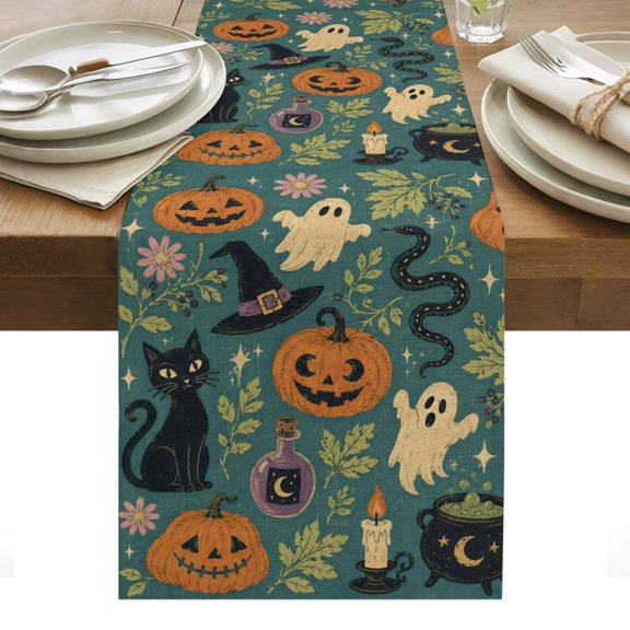 Halloween Table Runner, Dark Ghost Black Cat Spooky Leaf Whimsical Holiday Green Washable Kitchen Table Runners Dress Scarves for Dining Table Decorations Party/Restaurant/Indoor Outdoor Use, 18x72in
