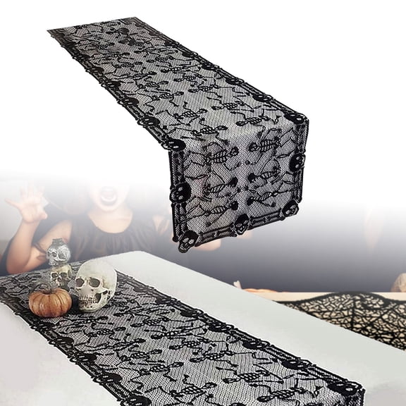 Halloween Table Runner Decorative Lace Scary Skeleton Design Polyester Fabric Holiday Party Dining Home Decoration