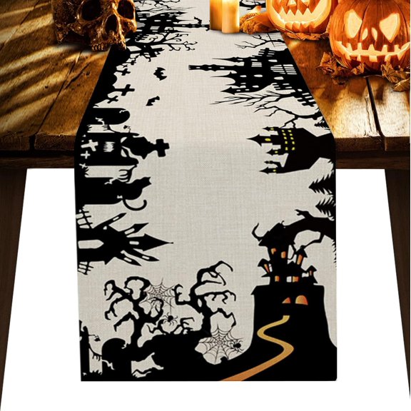 Halloween Table Runner Dresser Scarves-13x72 Inches,Scary Haunted Castle Tree Table Runners Black Linen Tables Decor for Seasonal Indoor Outdoor Holiday Party