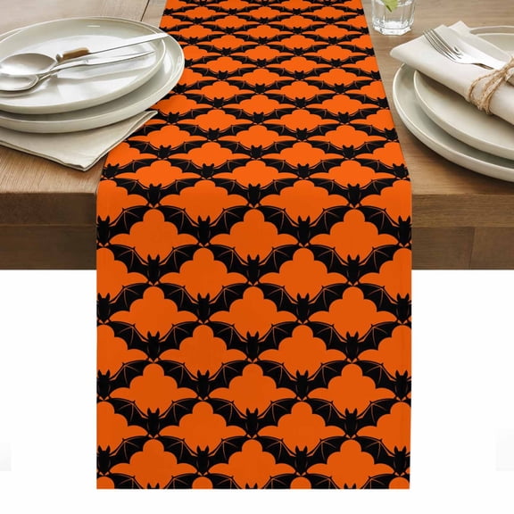 Halloween Table Runner Fall Abstract Spooky Horror Orange Black Bats Tablerunners 13 x 36 Inch, Table Decorations Tabletop Scarf for Summer Gathering Holiday Farmhouse Kitchen Dining Decor