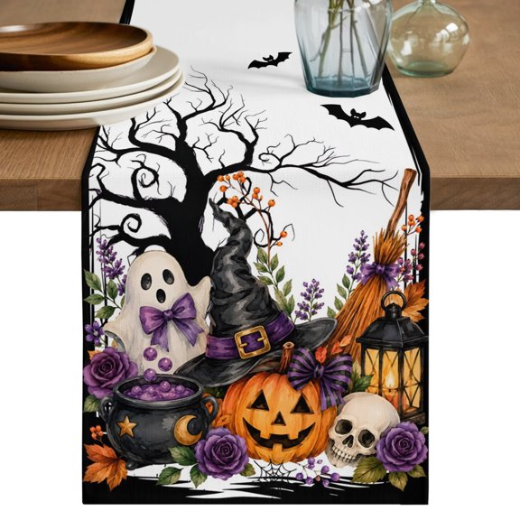 Halloween Table Runner, Fall Fantasy Ghosts Wizard Hats Lanterns Bubbling Potions Cotton Linen Table Cloth, Tablerunner for Kitchen Dining Party Wedding Home Decor 13x36 Inch