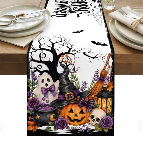 Halloween Table Runner, Fall Fantasy Ghosts Wizard Hats Lanterns Bubbling Potions Washable Kitchen Table Runners for Dining Table Decorations Party/Restaurant/Indoor Outdoor Use, 13x36in