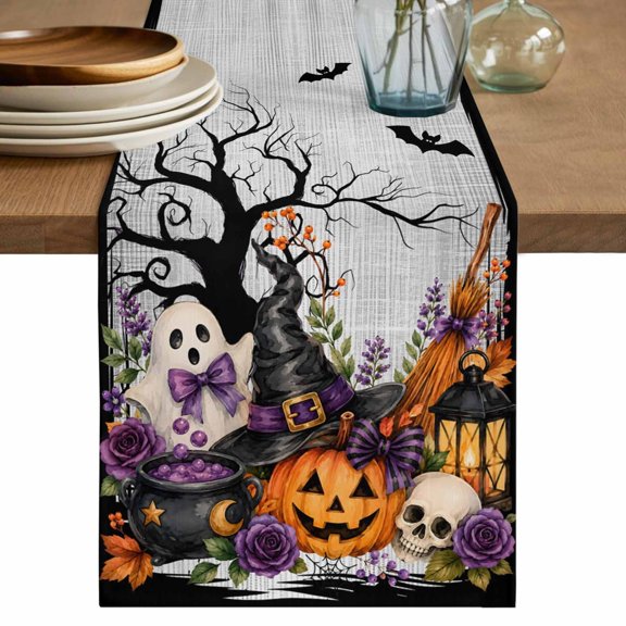 Halloween Table Runner, Fall Fantasy Ghosts Wizard Hats Spiderwebs Bubbling Potions Cotton Linen Table Cloth, Tablerunner for Kitchen Dining Party Wedding Home Decor 13x36 Inch